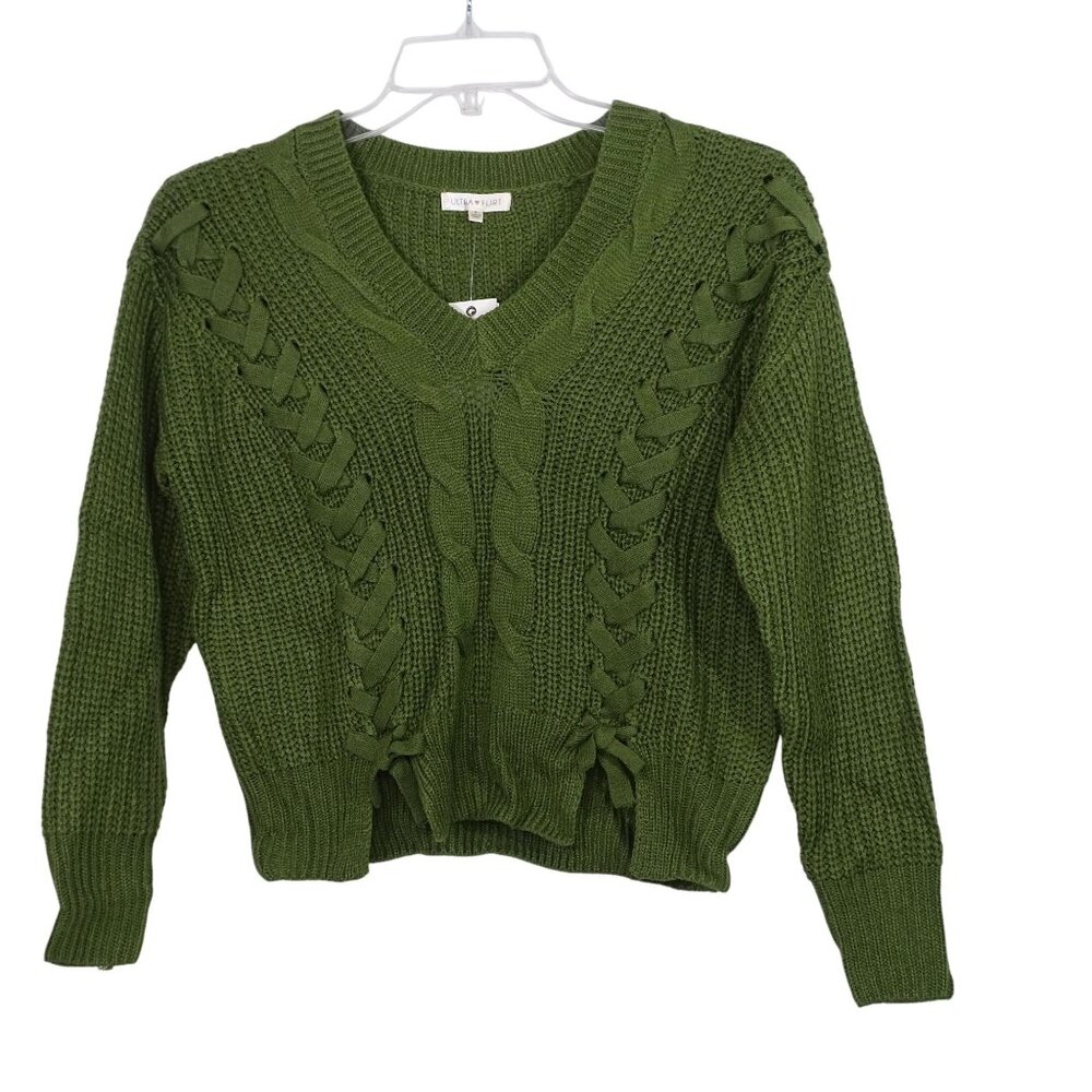 Ultra Flirt Green V-neck Cable Knit Sweater Women Size S Long Sleeve Acrylic NEW